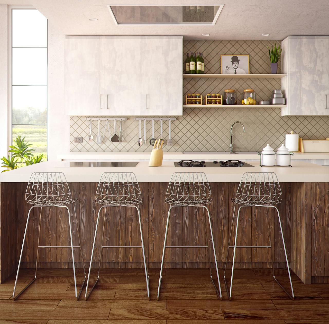 Chic minimalist kitchen design featuring wooden accents and modern bar stools.